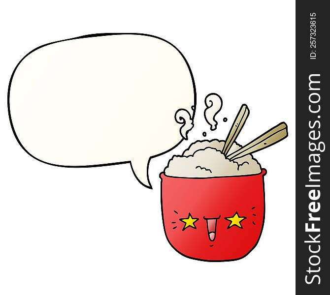 cartoon rice bowl with face with speech bubble in smooth gradient style. cartoon rice bowl with face with speech bubble in smooth gradient style