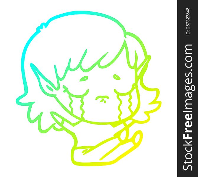 Cold Gradient Line Drawing Cartoon Crying Elf Girl