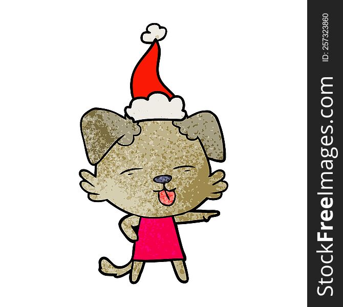hand drawn textured cartoon of a dog sticking out tongue wearing santa hat