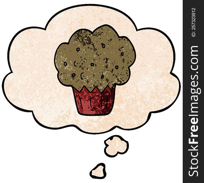 Cartoon Muffin And Thought Bubble In Grunge Texture Pattern Style