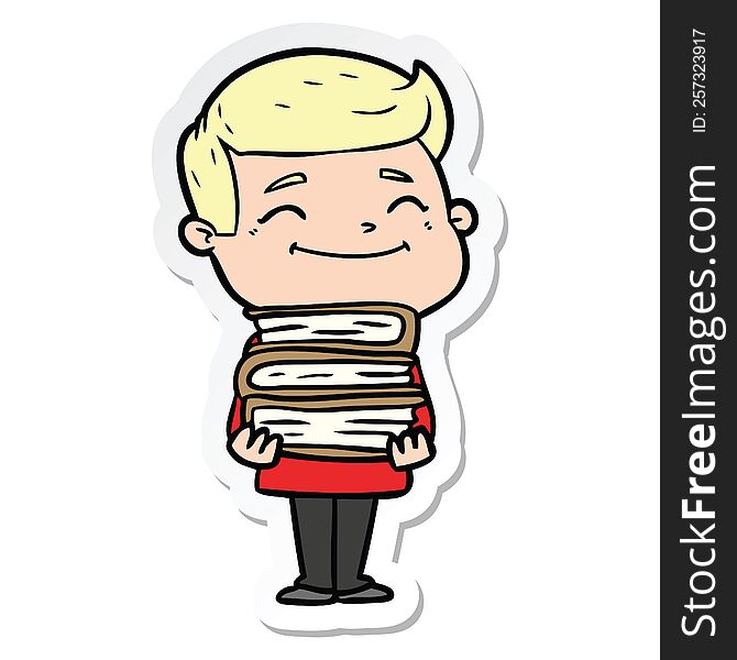 sticker of a happy cartoon man with stack of books
