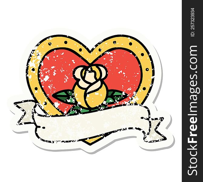 distressed sticker tattoo in traditional style of a heart rose and banner. distressed sticker tattoo in traditional style of a heart rose and banner