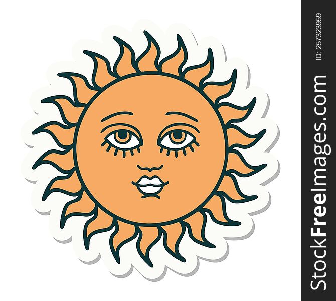 sticker of tattoo in traditional style of a sun with face. sticker of tattoo in traditional style of a sun with face