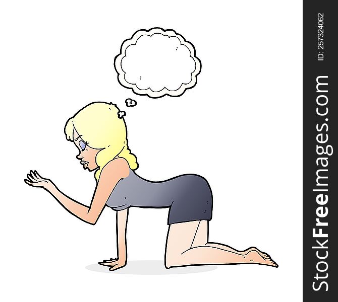cartoon woman on all fours with thought bubble