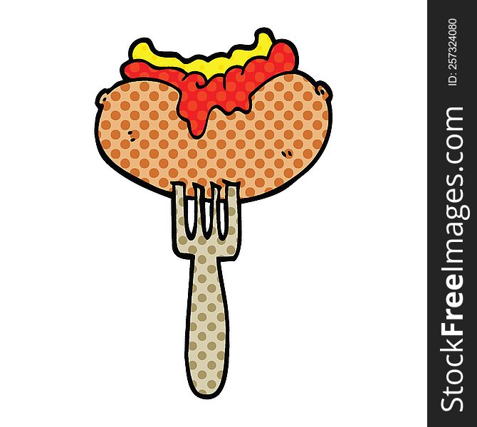 Comic Book Style Cartoon Hotdog With Mustard And Ketchup On Fork