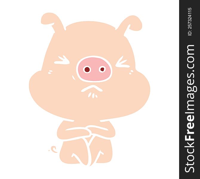 flat color style cartoon angry pig sat waiting