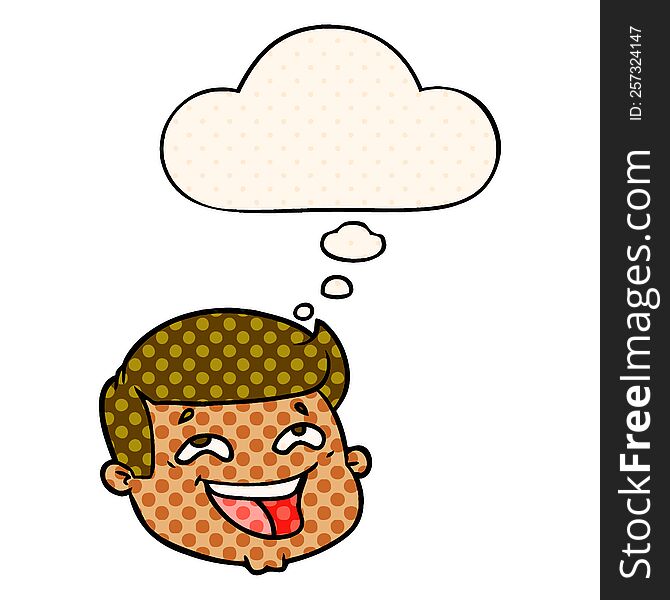 happy cartoon male face with thought bubble in comic book style