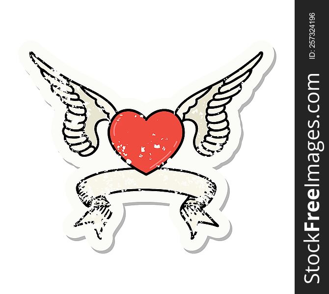 worn old sticker with banner of a heart with wings. worn old sticker with banner of a heart with wings