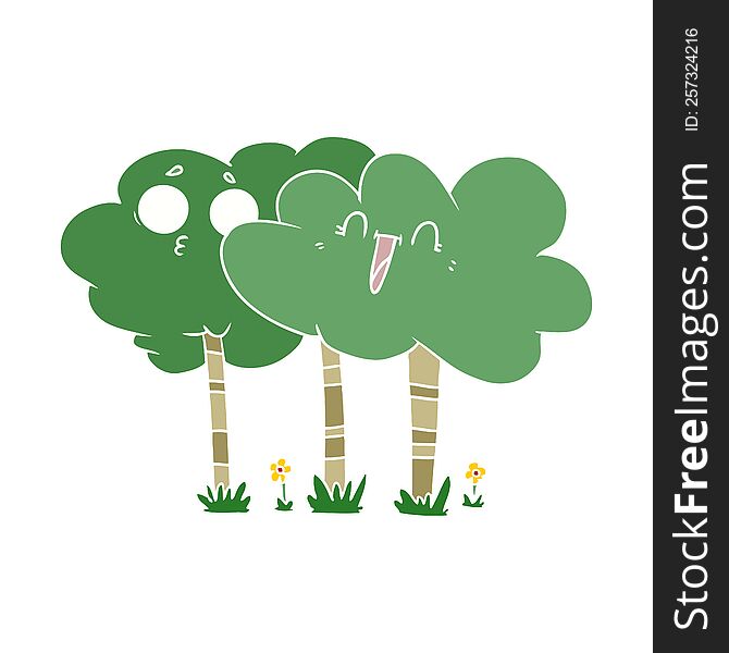 Flat Color Style Cartoon Trees With Faces