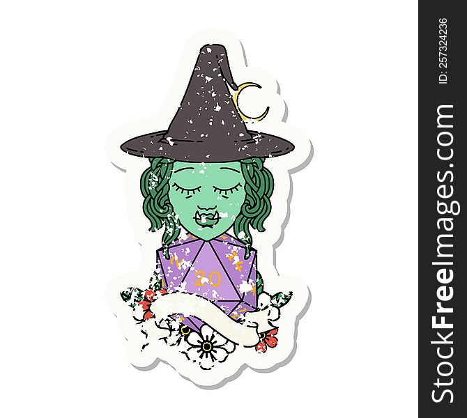 grunge sticker of a half orc witch character with natural twenty dice roll. grunge sticker of a half orc witch character with natural twenty dice roll