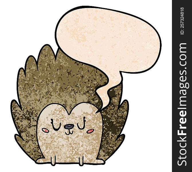cute cartoon hedgehog with speech bubble in retro texture style