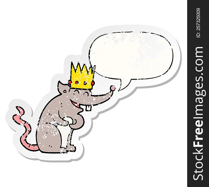 cartoon rat king laughing with speech bubble distressed distressed old sticker. cartoon rat king laughing with speech bubble distressed distressed old sticker