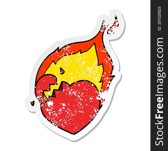 distressed sticker of a cartoon flaming heart