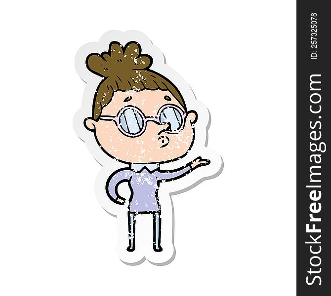 Distressed Sticker Of A Cartoon Woman Wearing Glasses