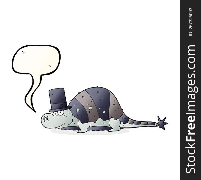 freehand drawn speech bubble cartoon dinosaur in top hat
