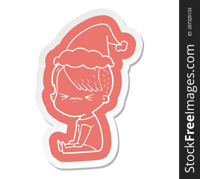 Cartoon  Sticker Of A Annoyed Hipster Girl Wearing Santa Hat