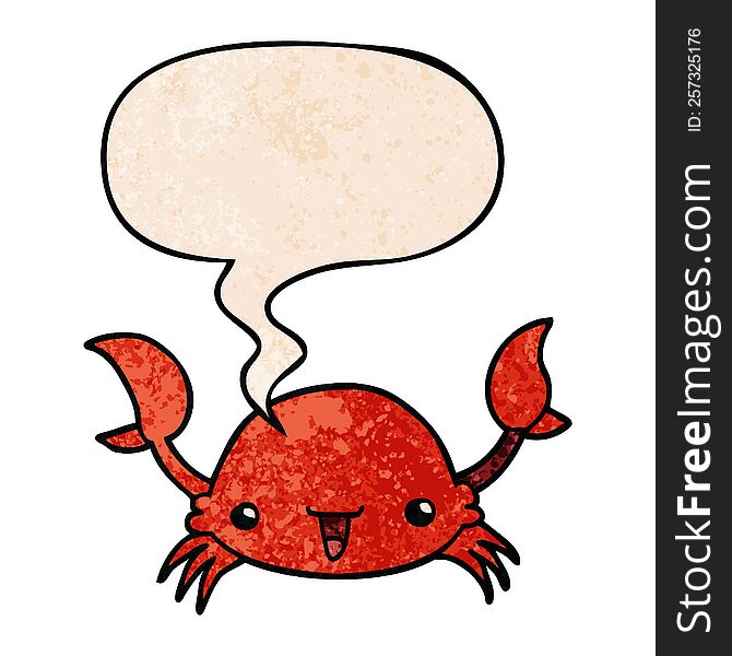 cartoon crab and speech bubble in retro texture style