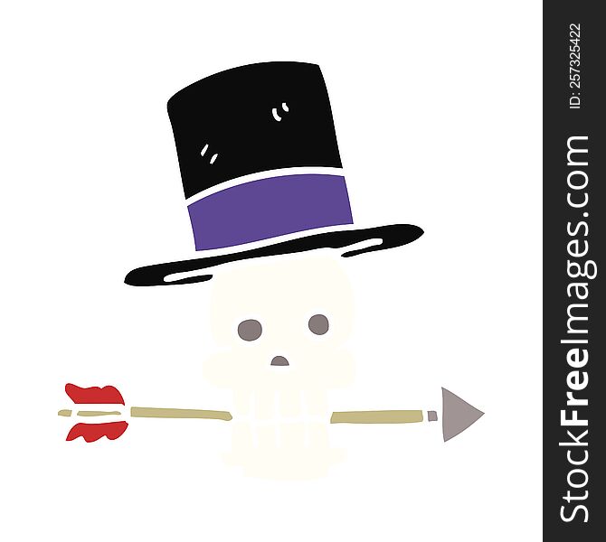 Cartoon Doodle Skull With Top Hat And Arrow