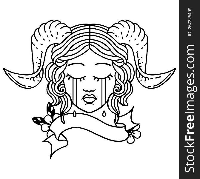 Black and White Tattoo linework Style crying tiefling character face with scroll banner. Black and White Tattoo linework Style crying tiefling character face with scroll banner