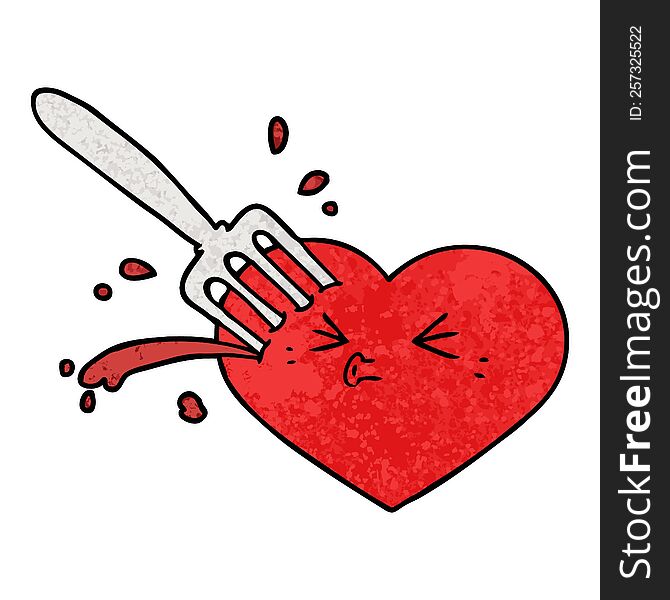 cartoon love heart stuck with fork. cartoon love heart stuck with fork