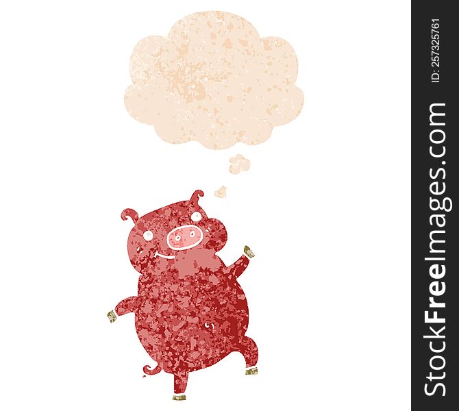 Cartoon Dancing Pig And Thought Bubble In Retro Textured Style