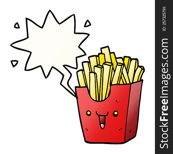 Cute Cartoon Box Of Fries And Speech Bubble In Smooth Gradient Style