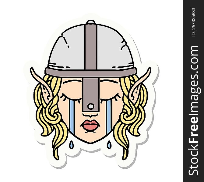 sticker of a crying elven fighter character face. sticker of a crying elven fighter character face