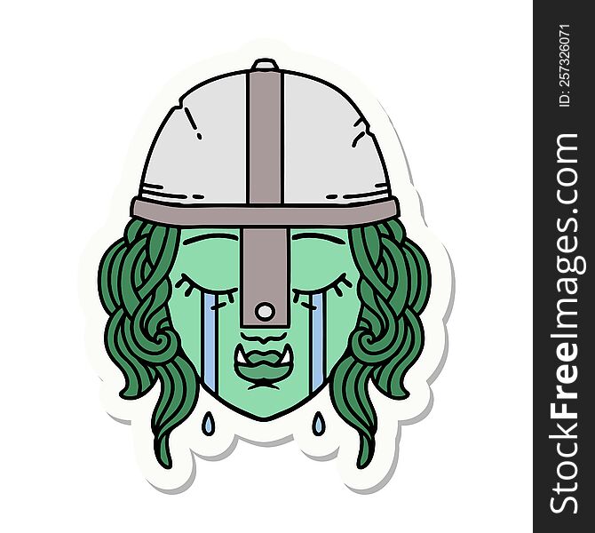 sticker of a crying orc fighter character face. sticker of a crying orc fighter character face