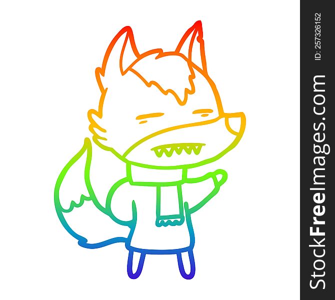 rainbow gradient line drawing of a cartoon wolf in winter clothes