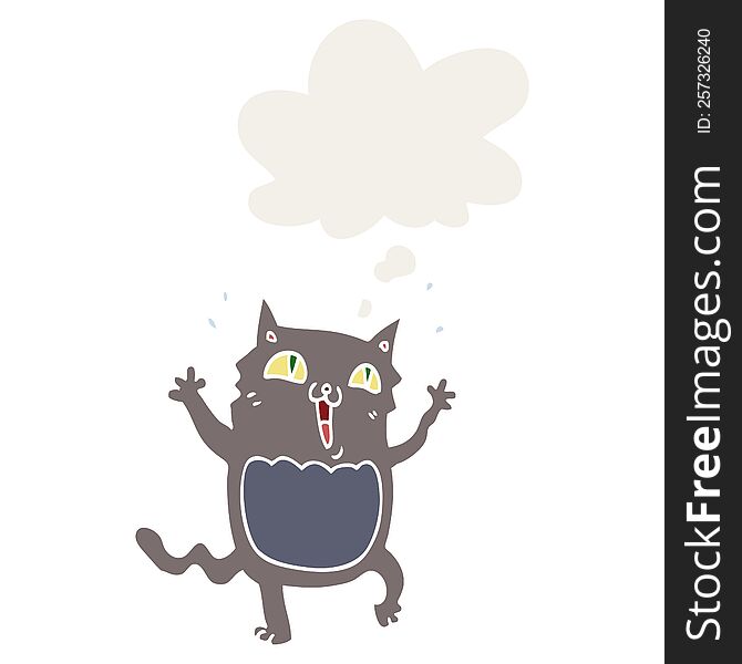 cartoon crazy excited cat with thought bubble in retro style