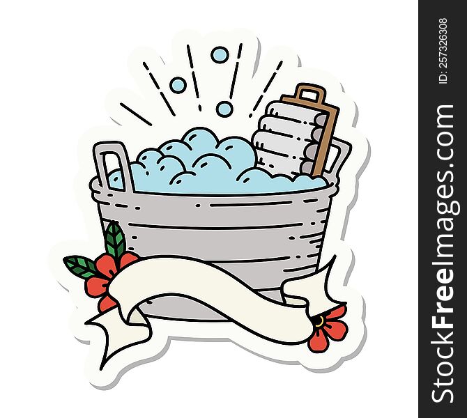 Sticker Of Tattoo Style Old Washboard And Scrubbing Bowl