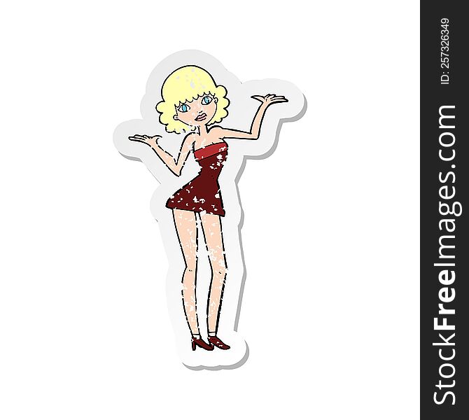 Retro Distressed Sticker Of A Cartoon Woman In Cocktail Dress