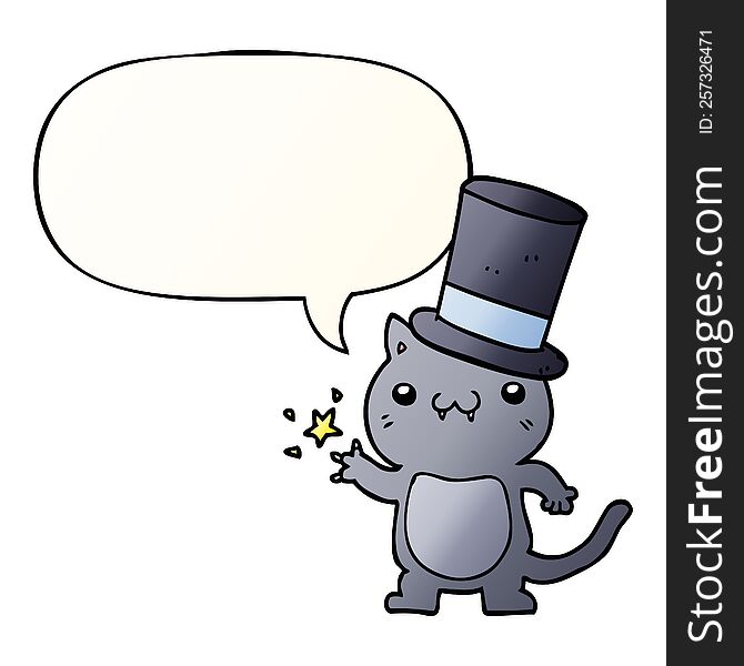 cartoon cat wearing top hat and speech bubble in smooth gradient style