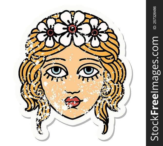 Traditional Distressed Sticker Tattoo Of Female Face With Crown Of Flowers