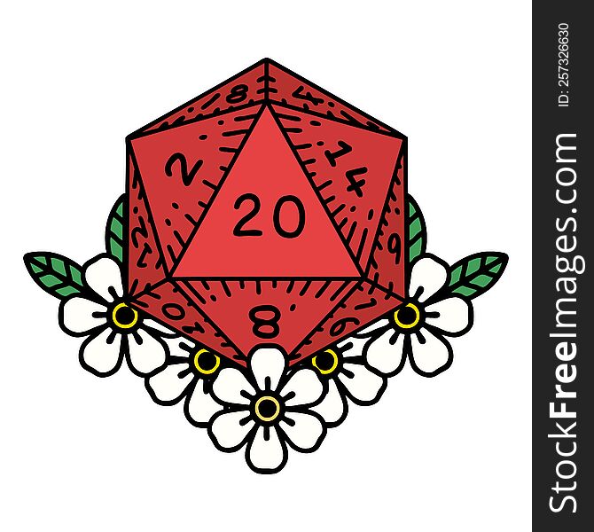 natural 20 D20 dice roll with floral elements illustration