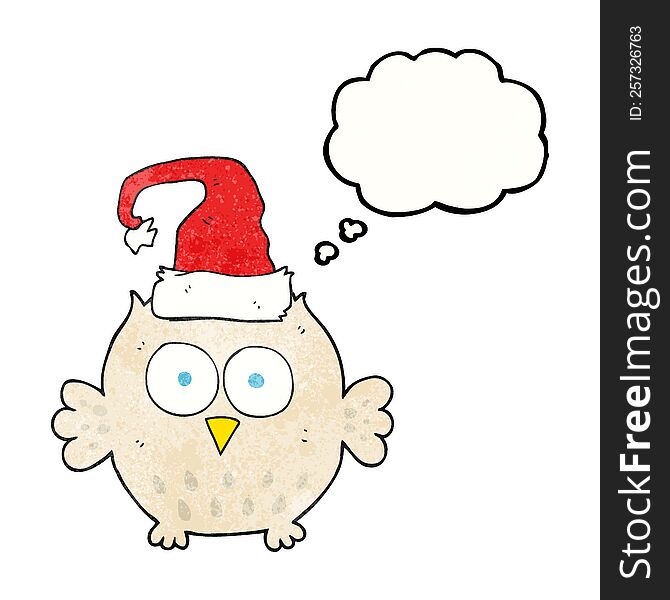 Thought Bubble Textured Cartoon Owl Wearing Christmas Hat