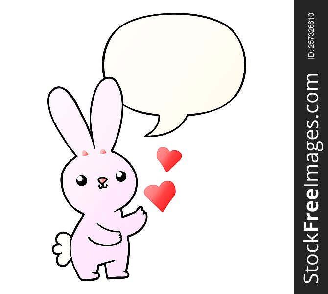 cute cartoon rabbit and love hearts and speech bubble in smooth gradient style