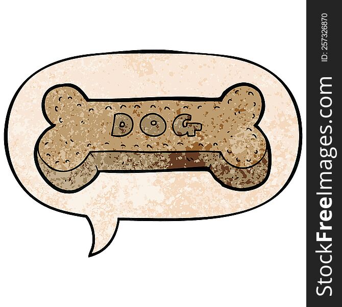 cartoon dog biscuit with speech bubble in retro texture style