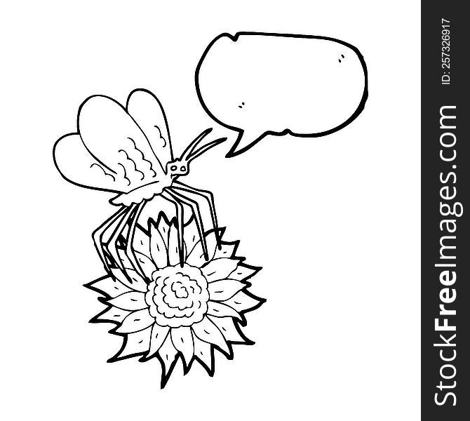 freehand drawn speech bubble cartoon butterfly on flower