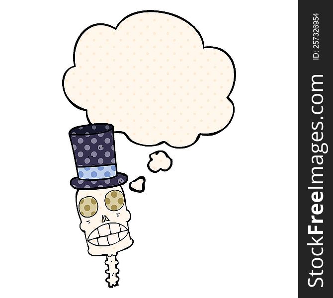 cartoon spooky skull with thought bubble in comic book style