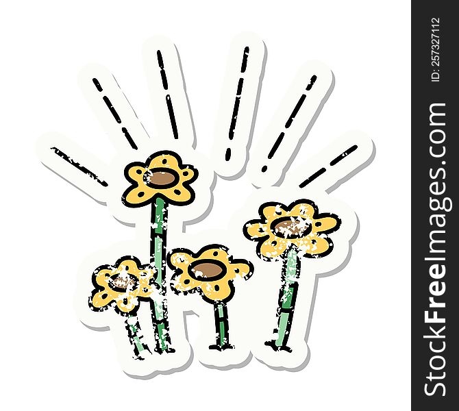 Grunge Sticker Of Tattoo Style Flowers Growing