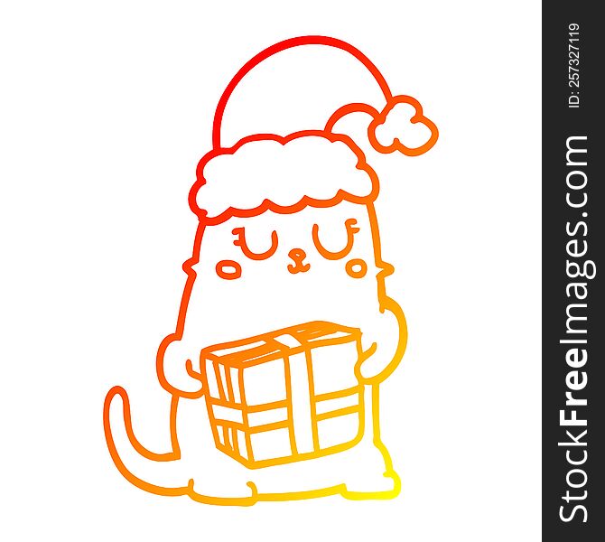 warm gradient line drawing of a cute cartoon christmas cat
