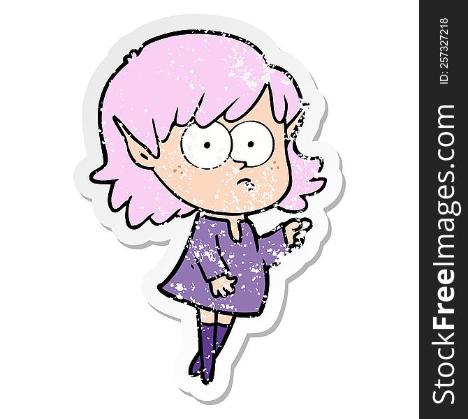 Distressed Sticker Of A Cartoon Elf Girl Pointing