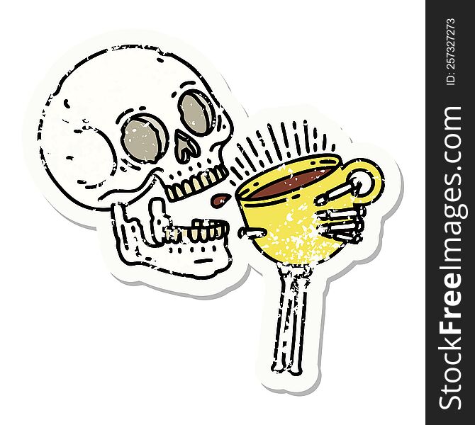 Traditional Distressed Sticker Tattoo Of A Skull Drinking Coffee