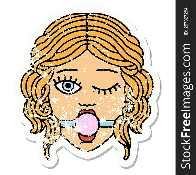 distressed sticker tattoo in traditional style of a winking female face wearing ball gag. distressed sticker tattoo in traditional style of a winking female face wearing ball gag