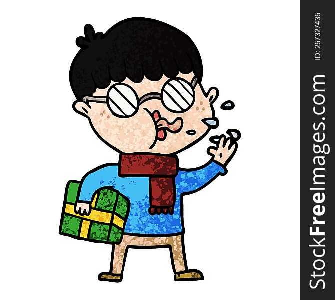 cartoon boy wearing spectacles with christmas gift. cartoon boy wearing spectacles with christmas gift