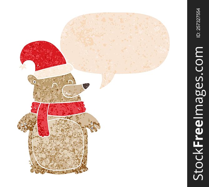 Cartoon Christmas Bear And Speech Bubble In Retro Textured Style