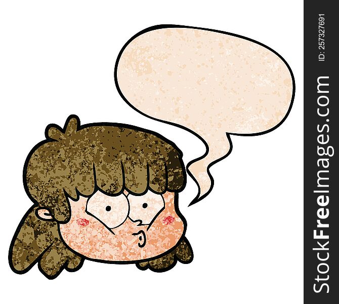 Cartoon Female Face And Speech Bubble In Retro Texture Style