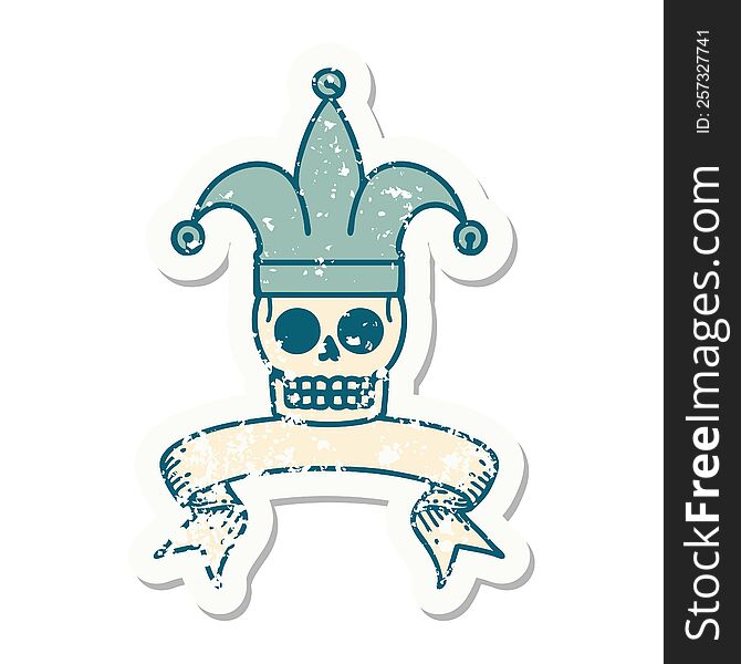 worn old sticker with banner of a skull jester. worn old sticker with banner of a skull jester