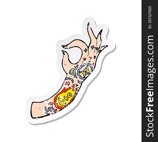 retro distressed sticker of a cartoon tattoo arm